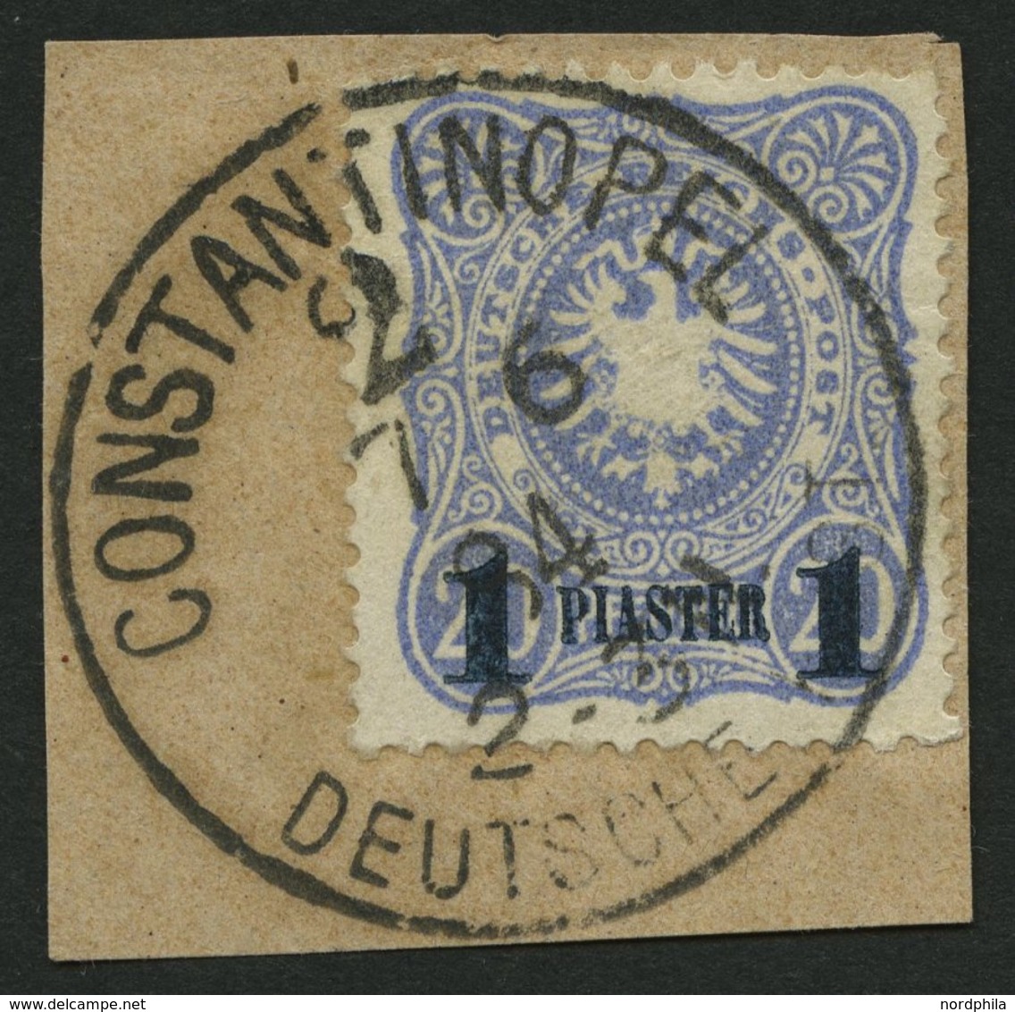 DP TÜRKEI 3b BrfStk, 1884, 1 PIA. Auf 20 Pf. Violettultramarin, Aufdruck Blauschwarz, Stempel CONSTANTINOPLEL 2, Prachtb - Turkey (offices)