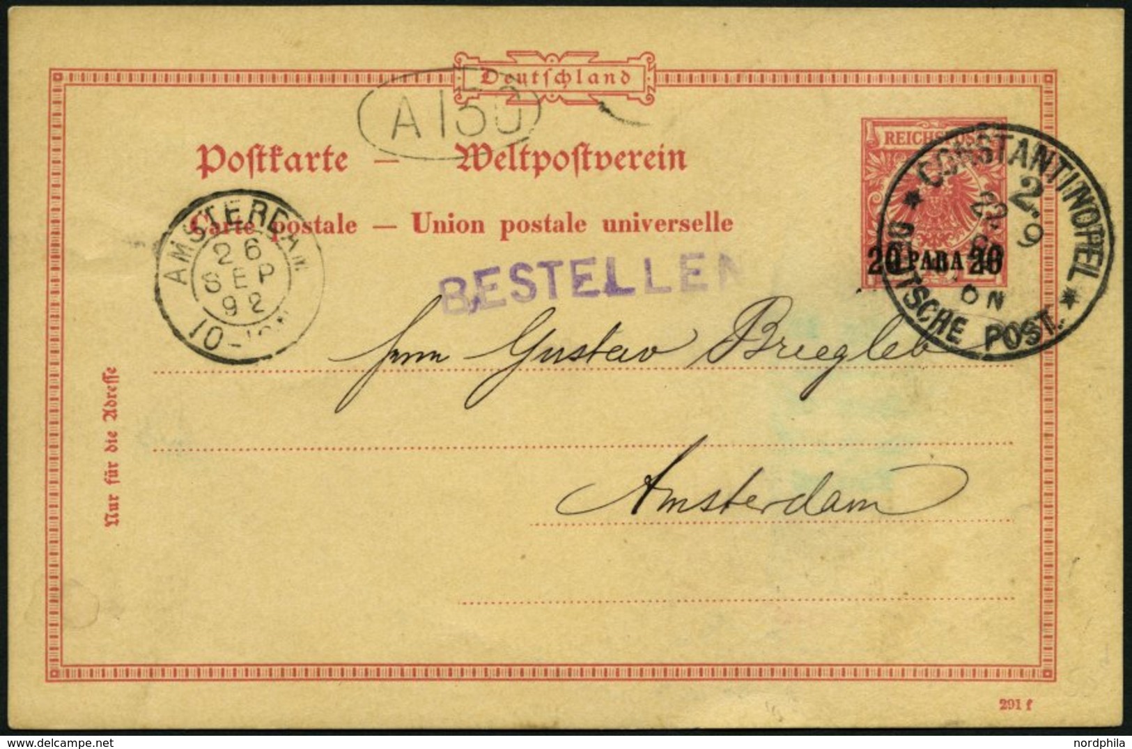DP TÜRKEI P 3 BRIEF, 1892, 20 PARA Auf 10 Pf., Stempel CONSTANTINOPEL 2, Prachtkarte Nach Amsterdam - Turkey (offices)