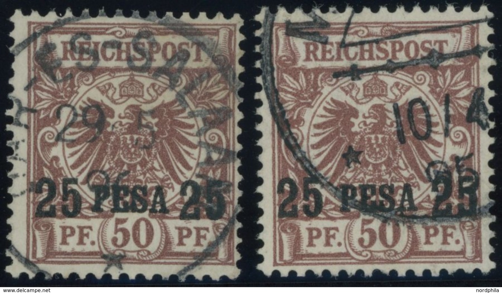 DEUTSCH-OSTAFRIKA 5I,II O, 1893, 25 P. Auf 50 Pf. Braun, Beide Typen, 2 Prachtwerte, Mi. 85.- - África Oriental Alemana