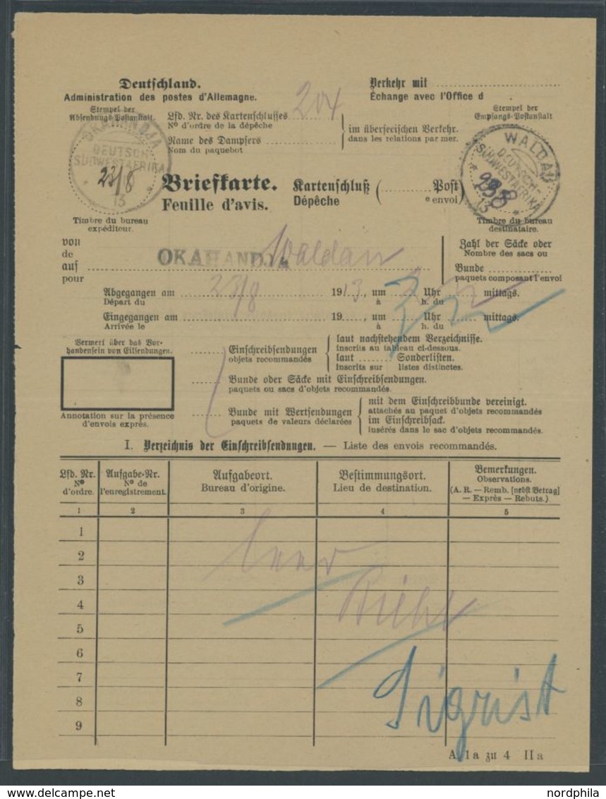 DSWA OKAHANDJA, 1913, Einschreib-Briefkarte (Fomular A 1a,IIa) Mit Segmentstempel Und L1 Nach WALDAU, Beide Tagesstempel - German South West Africa