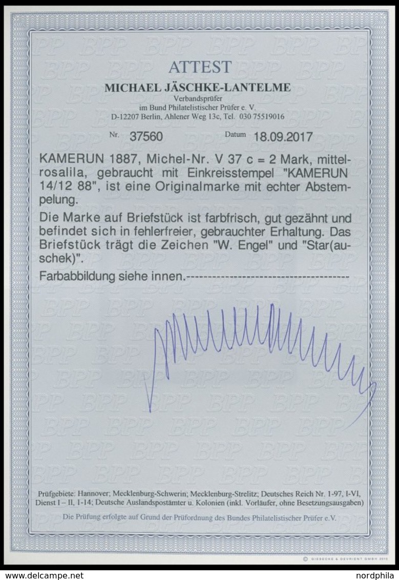 KAMERUN V 37c BrfStk, 1889, 2 M. Mittelrosalila, Stempel KAMERUN Auf Leinenbriefstück, Pracht, R!, Gepr. W. Engel - Cameroun