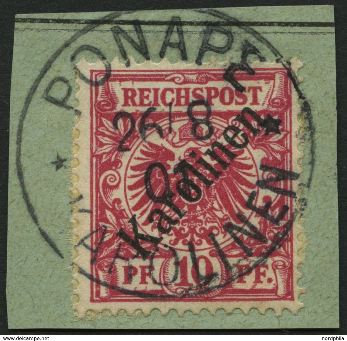 KAROLINEN 3I BrfStk, 1899, 10 Pf. Diagonaler Aufdruck, Prachtbriefstück, Gepr. Jäschke-L., Mi. (160.-) - Karolinen