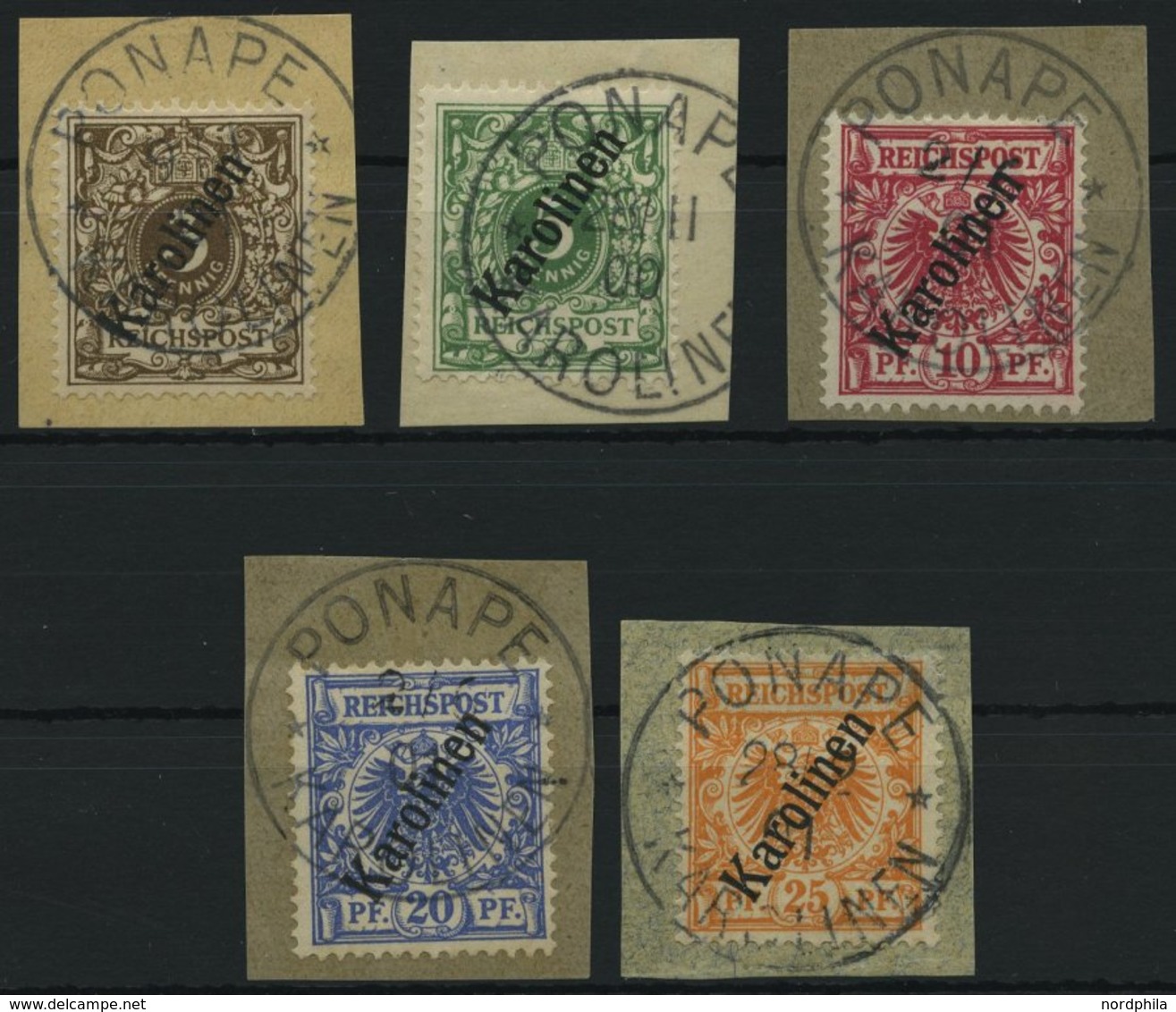 KAROLINEN 1-5IIa BrfStk, 1900, 3 - 25 Pf. Steiler Aufdruck, 5 Prachtbriefstücke, Mi. 160.- - Islas Carolinas