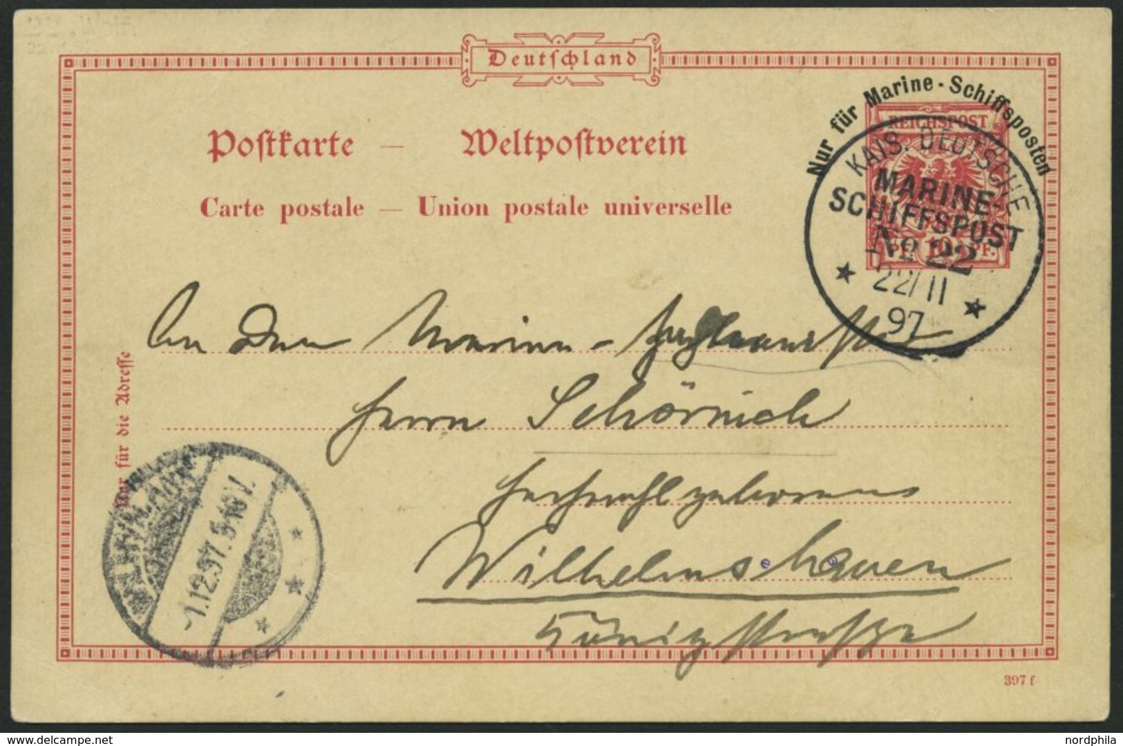 MSP BIS 1914 MSP P 1 BRIEF, 22 (S.M.S. WOLF), 22.11.97, 10 Pf. MSP-Ganzsachenkarte Aus Las Palmas, Pracht - Marítimo