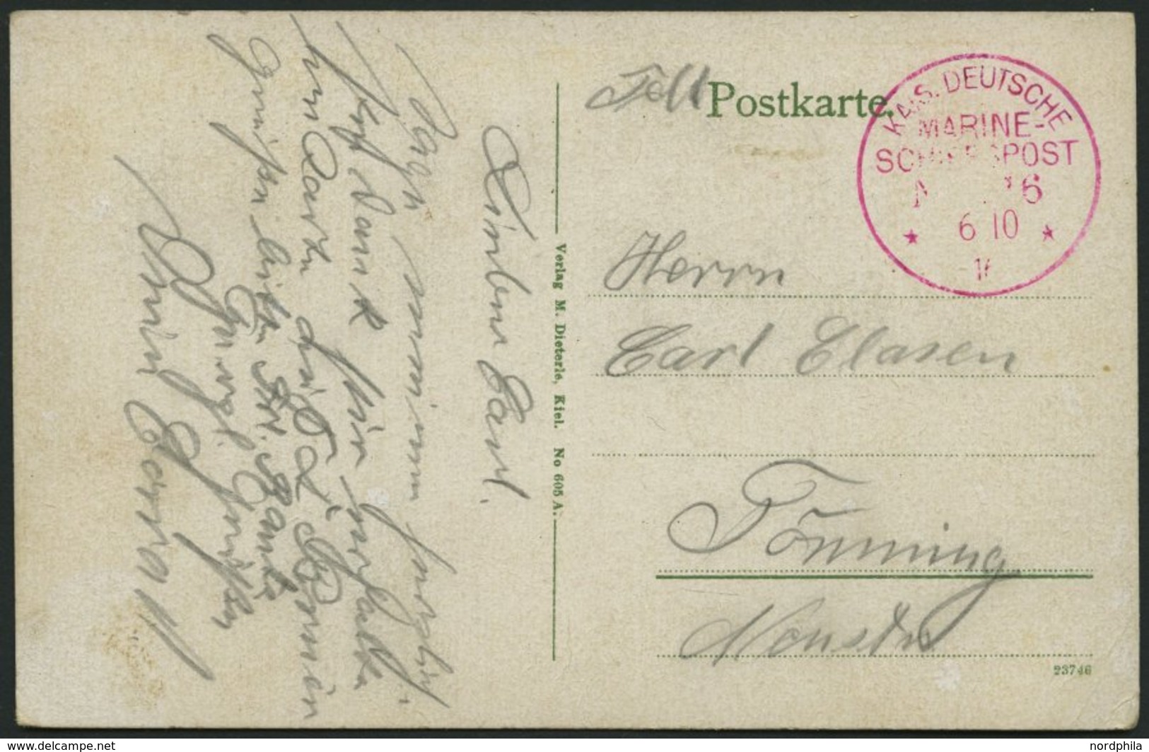 MSP VON 1914 - 1918 ?16 Roter Marinepoststempel, 6.10.1916, Feldpost-Ansichtskarte, Pracht - Maritime