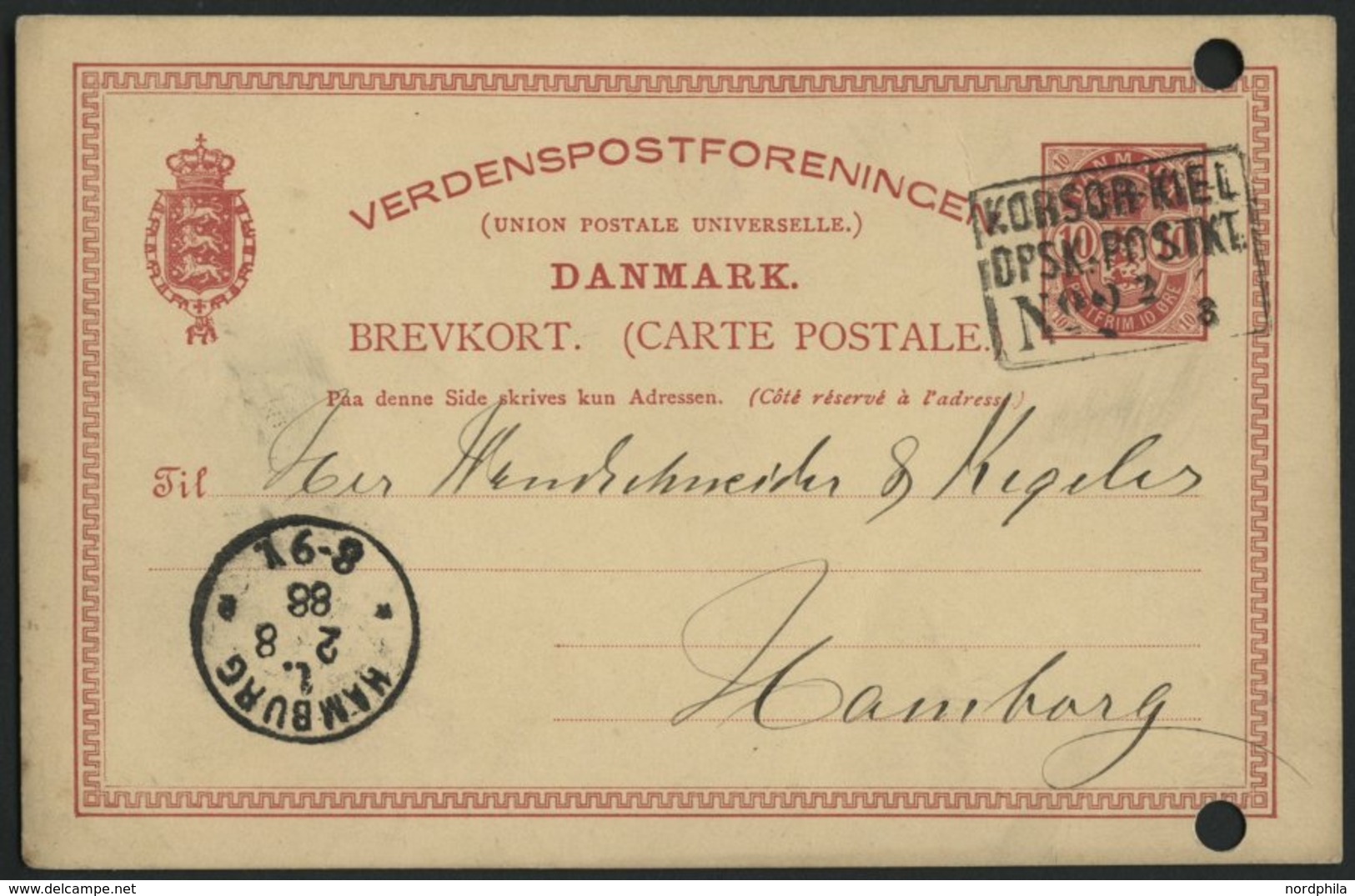 DEUTSCHE SCHIFFSPOST KORSØR-KIEL No. 2, R3 Auf Dänischer Ganzsachenkate (1888) Nach Hamburg, Gelocht Sonst Pracht - Marítimo