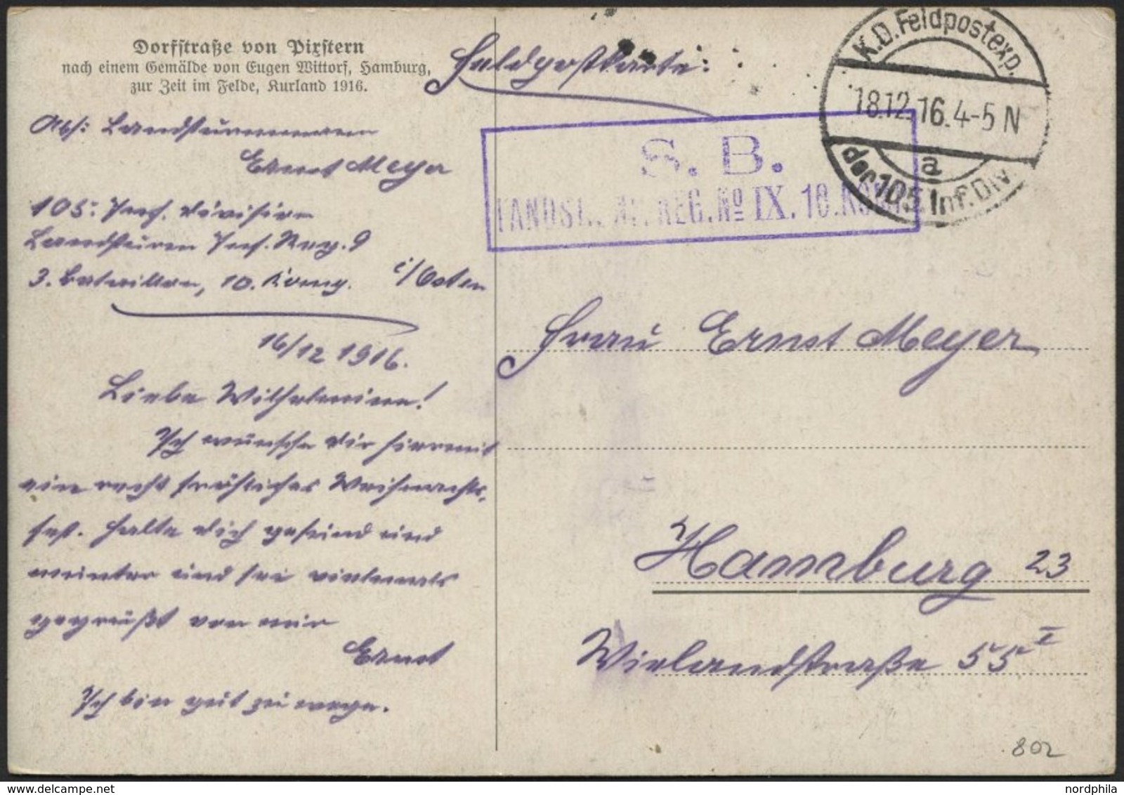 LETTLAND 802 BRIEF, K.D. FELDPOSTEXP. DER 105. INF. DIV. A, 18.12.16, Auf Farbiger Künstlerkarte (Dorfstraße Von Pirster - Letonia