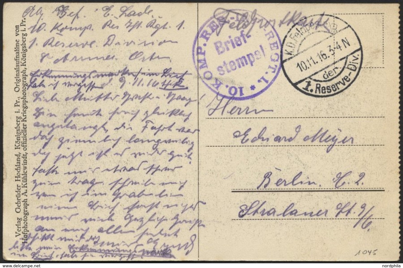 DT. FP IM BALTIKUM 1914/18 K.D. FELDPOSTEXP. DER 1 RESERVE DIV., 10.11.16, Auf Ansichtskarte (Mitau-Poststraße Mit Lazar - Latvia