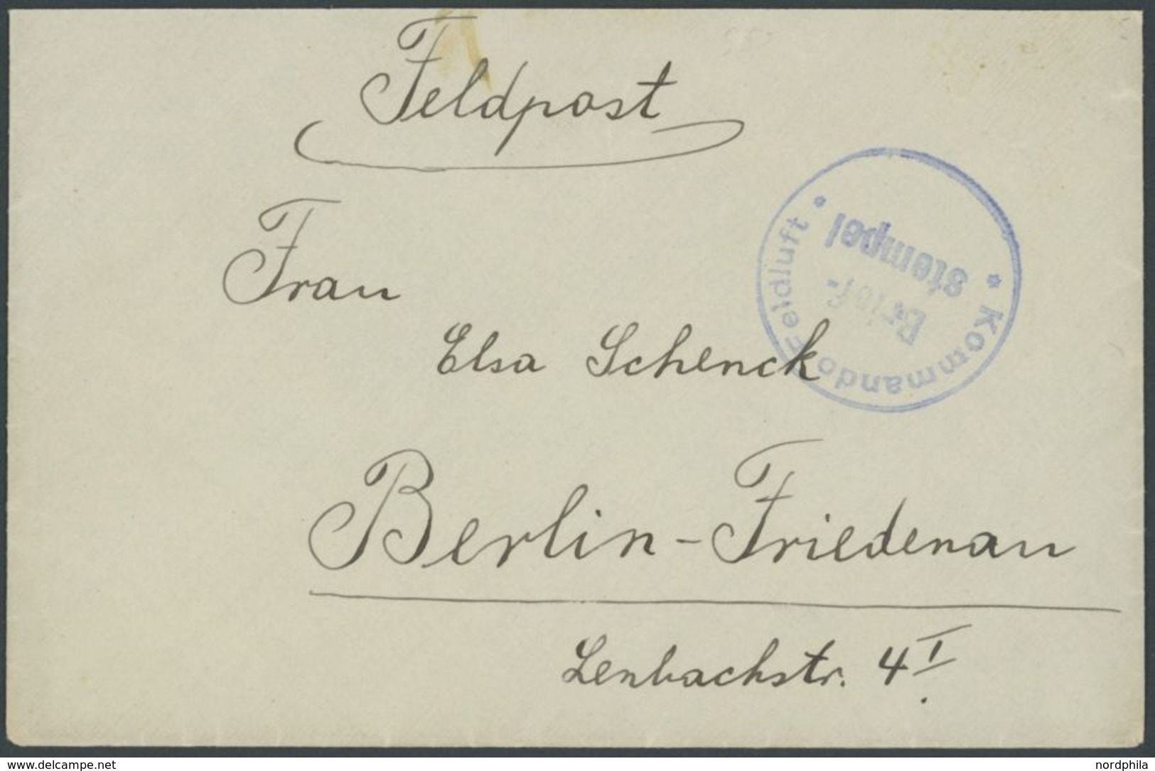 FELDPOST I.WK 1914/16, Namur Luftschiffhafen: Feldpostbrief Mit Blauem Briefstempel KOMMANDO FELDLUFT, Fehlende Briefkla - Occupation 1914-18