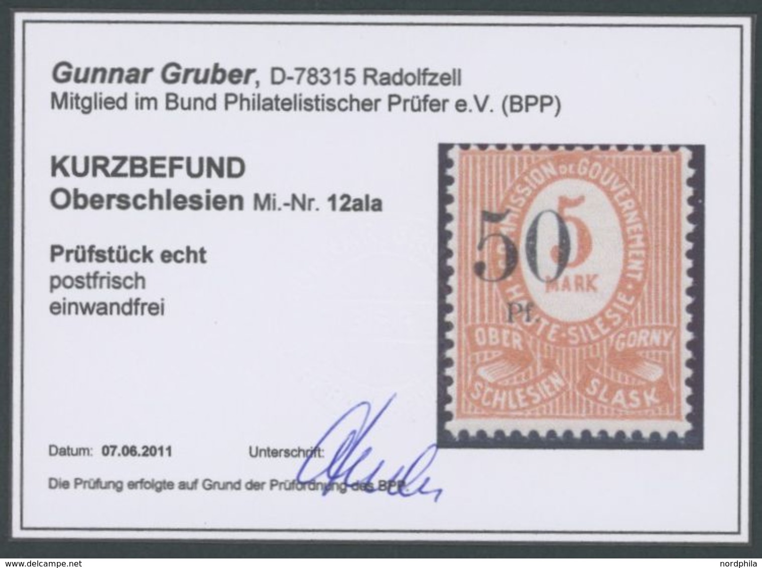 OBERSCHLESIEN 12aIa **, 1920, 50 Pf. Auf 5 M., Schwarzer Aufdruck, Type Ia, Postfrisch, Pracht, Kurzbefund Gruber, Mi. 2 - Other & Unclassified