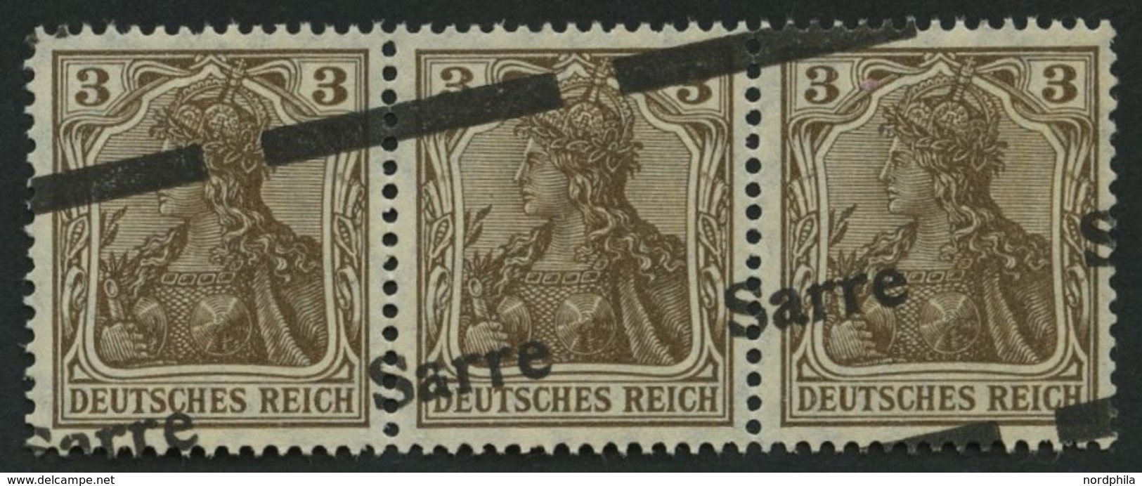 SAARGEBIET 3I F IV **, 1920, 3 Pf. Dunkelockerbraun, Type I, Diagonaler Aufdruck Im Waagerechten Dreierstreifen, Mittler - Otros & Sin Clasificación