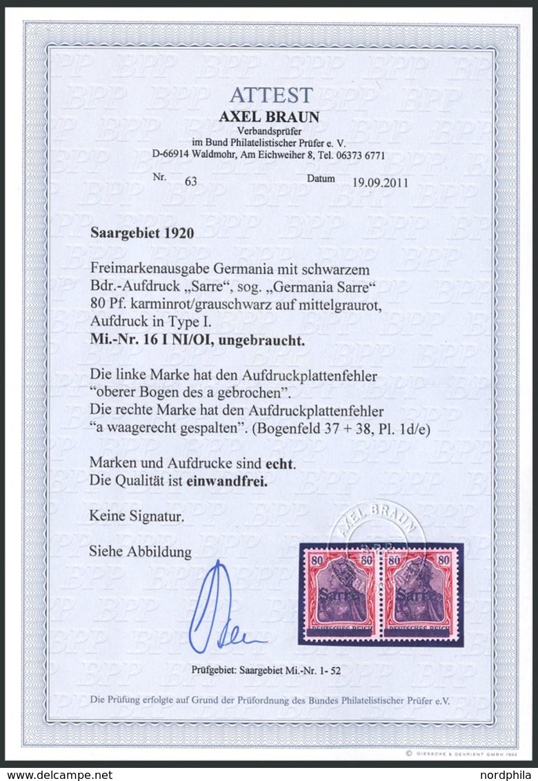 SAARGEBIET 16INI/OI *, 1920, 80 Pf. Karminrot/grauschwarz Auf Mittelgraurot, Type I, Im Waagerechten Paar Mit Plattenfeh - Other & Unclassified