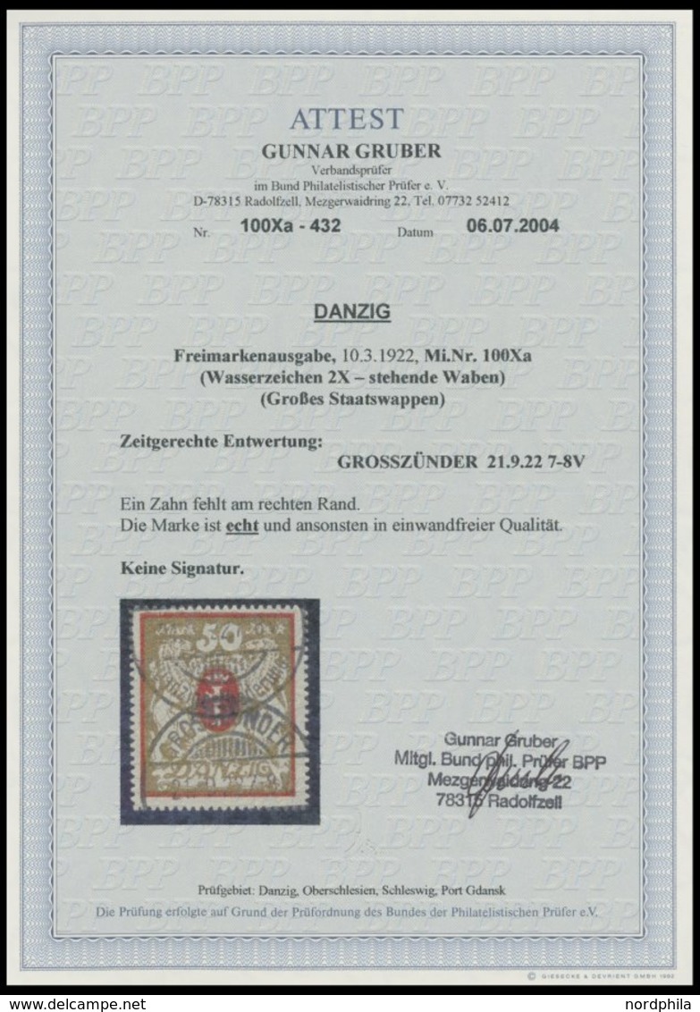 FREIE STADT DANZIG 100Xa O, 1922, 50 M. Rot/gold, Wz. X, Zeitgerechte Entwertung GROSSZÜNDER, Rechts Ein Fehlender Zahn  - Otros & Sin Clasificación