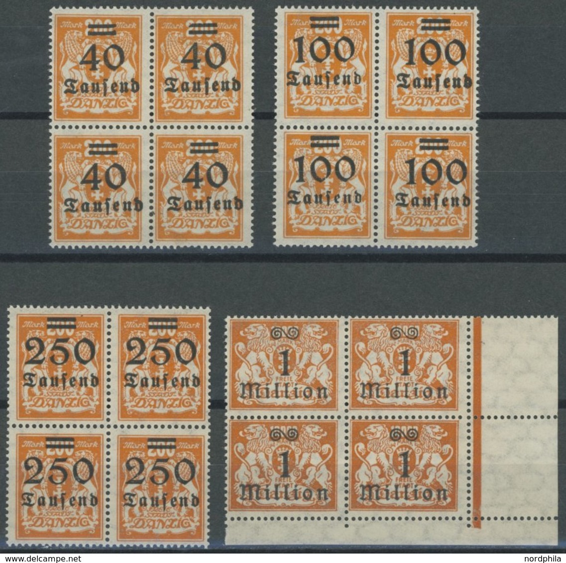 FREIE STADT DANZIG 158-60,163 VB **, 1923, 40 - 250 T Und 1 Mio. Auf 10000 M. In Viererblocks, Postfrisch, Pracht, Mi. 2 - Other & Unclassified