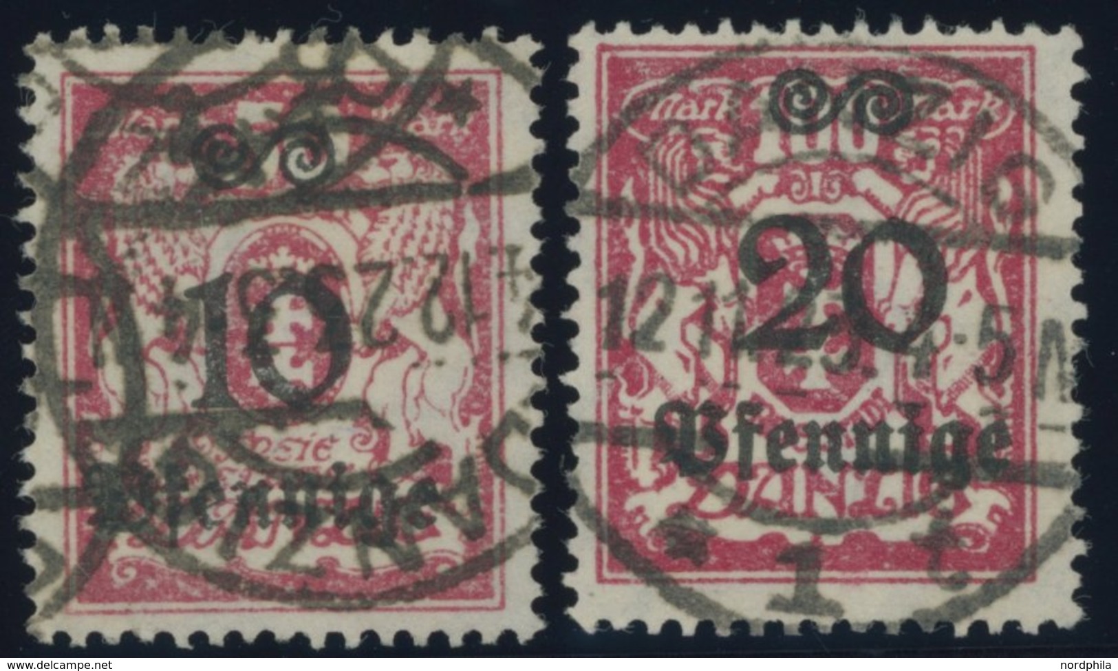 FREIE STADT DANZIG 182/3I O, 1923, 10 Pf. Auf 50 M. Und 20 Pf. Auf 100 M. Lilarot Mit Aufdruckfehler P Von Pfennige Ohne - Otros & Sin Clasificación