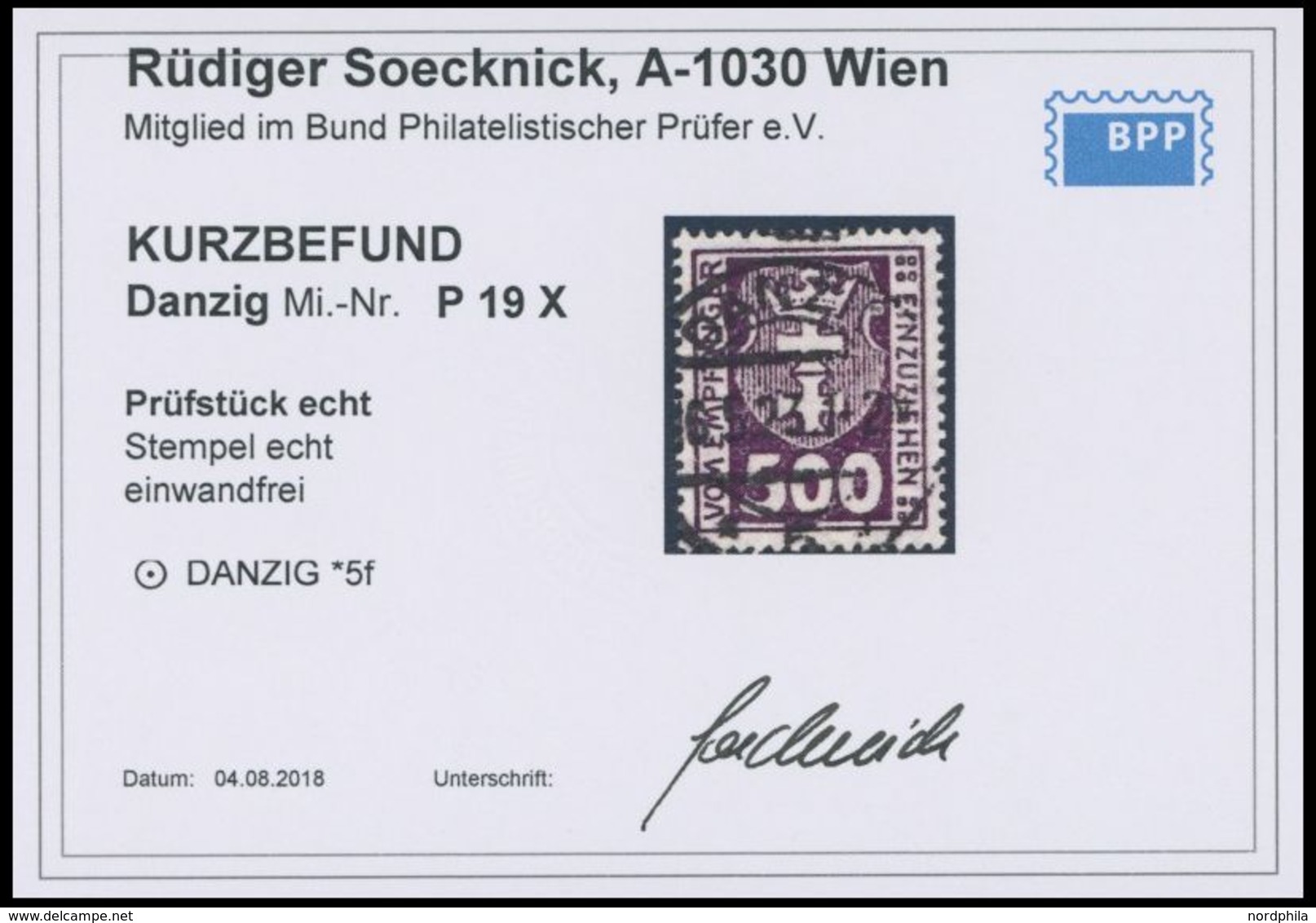 PORTOMARKEN P 19X O, 1923, 500 Pf. Dunkelpurpur, Wz. 3X, Zeitgerechte Entwertung DANZIG 5f, Pracht, Kurzbefund Soecknick - Otros & Sin Clasificación