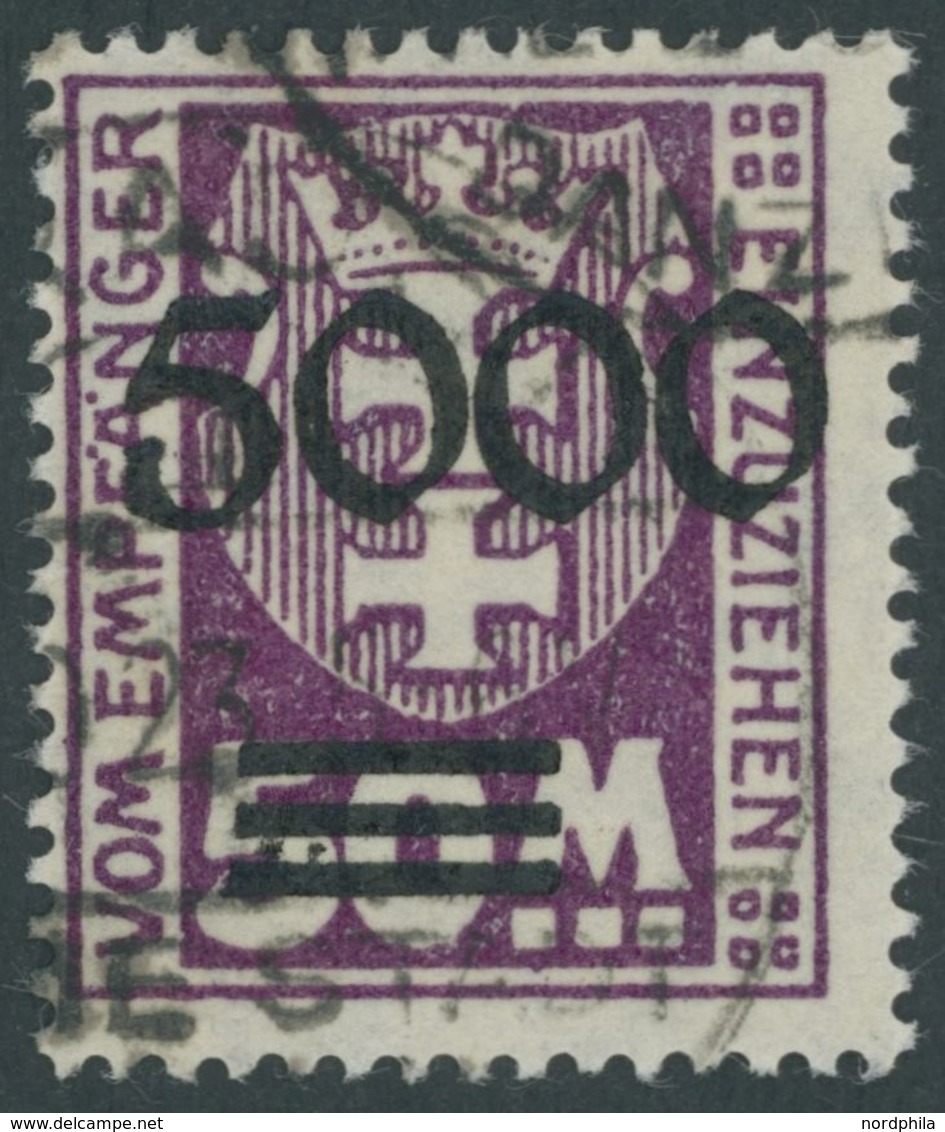 PORTOMARKEN P 26II O, 1923, 5000 Auf 50 M. Dunkelpurpur, Aufdruck Glänzend, Zeitgerechte Entwertung PRAUST 1 FREIE STADT - Other & Unclassified