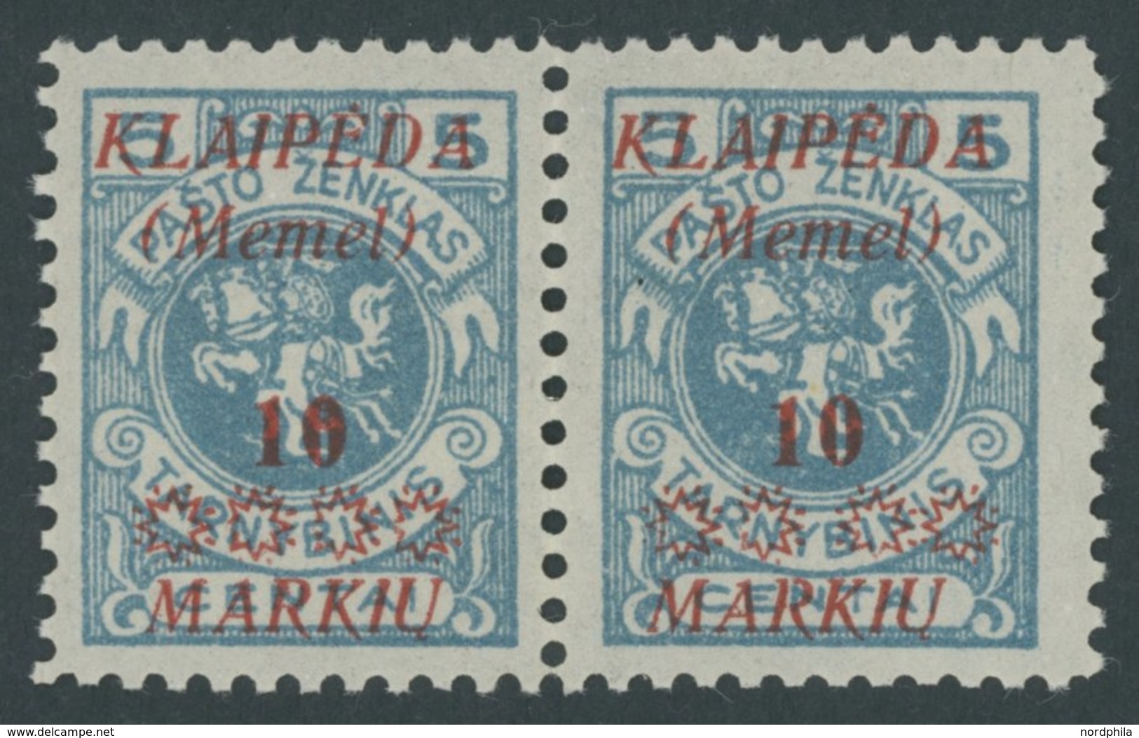 MEMELGEBIET 135II **, 1923, 10 M. Auf 5 C. Grünlichblau Im Waagerechten Paar, Rechte Marke Mit Abart Weiter Abstand Zwis - Klaipeda 1923