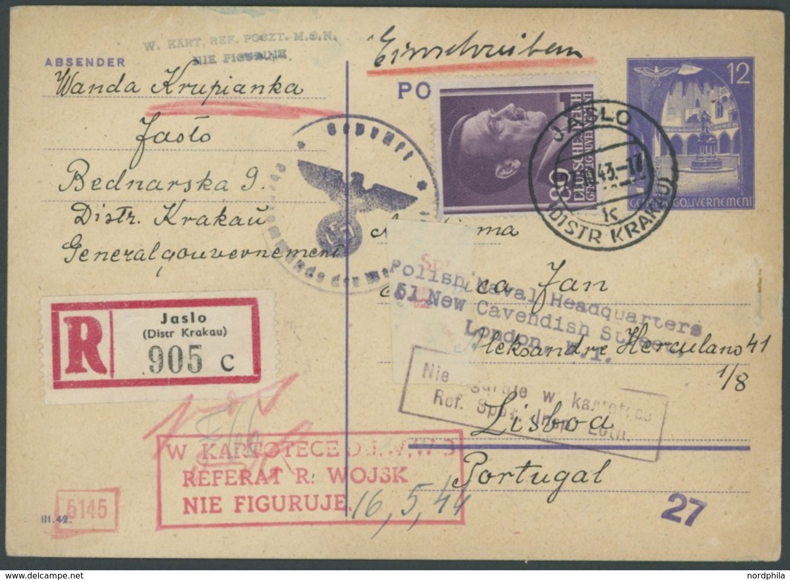 GENERALGOUVERNEMENT Brief , 1943, Einschreib-Ganzsachenkarte Von JASLO über Portugisische Deckadresse An Polish Naval He - Ocupación 1938 – 45