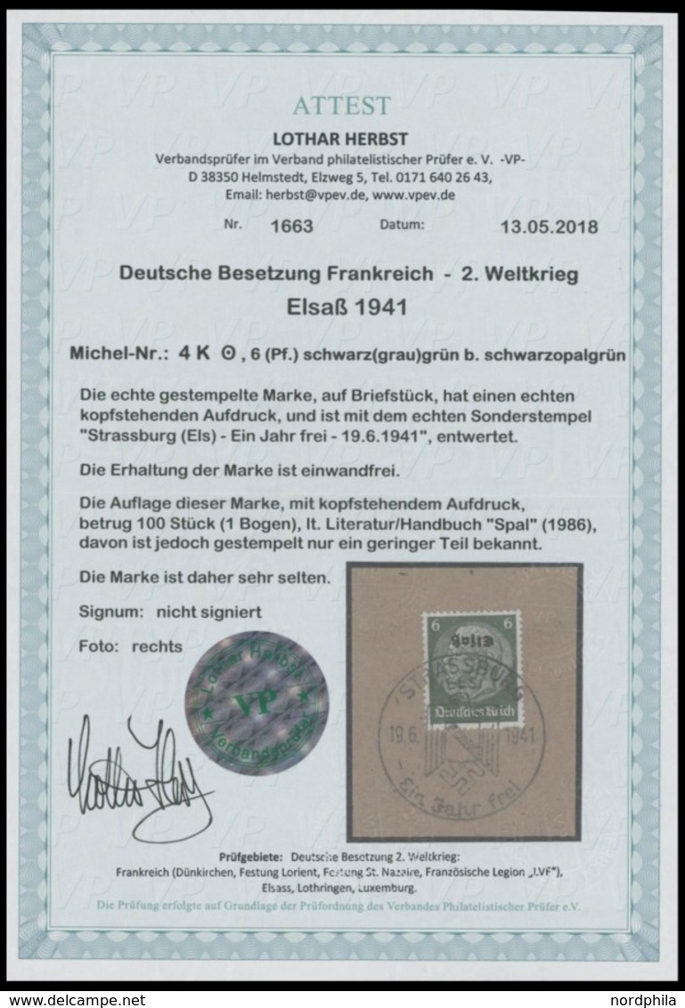 ELSASS 4K BrfStk, 1940, 6 Pf. Schwarzgrün, Kopfstehender Aufdruck, Sonderstempel STRASSBURG - EIN JAHR FREI, Prachtbrief - Ocupación 1938 – 45