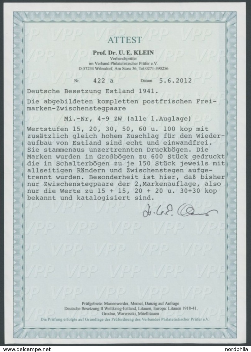 ESTLAND 4-9Zwa **, 1941, Wiederaufbau In Zwischenstegpaaren, Alle 1. Auflage!, Postfrischer Prachtsatz, R!, Fotoattest P - Ocupación 1938 – 45