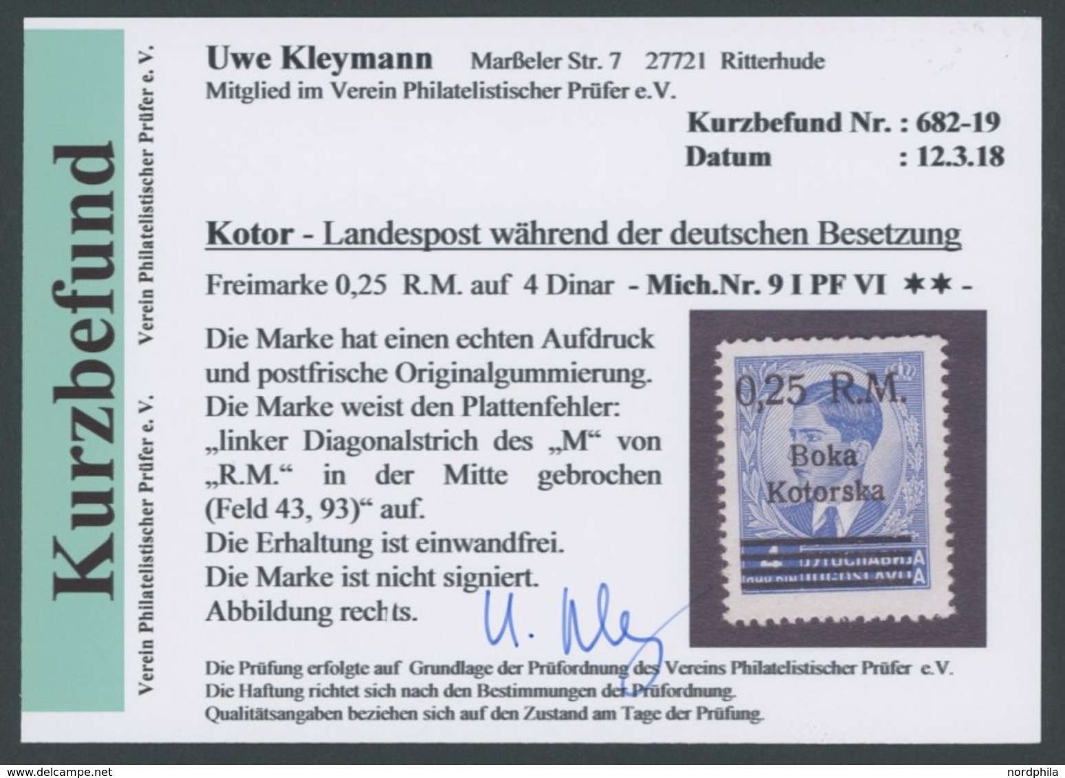 KOTOR 9IPF VI **, 1944, 0.25 M. Auf 4 D. Boka Kotorska, Type I, Mit Aufdruckfehler Linker Diagonalstrich Des M Von R.M.  - Occupation 1938-45