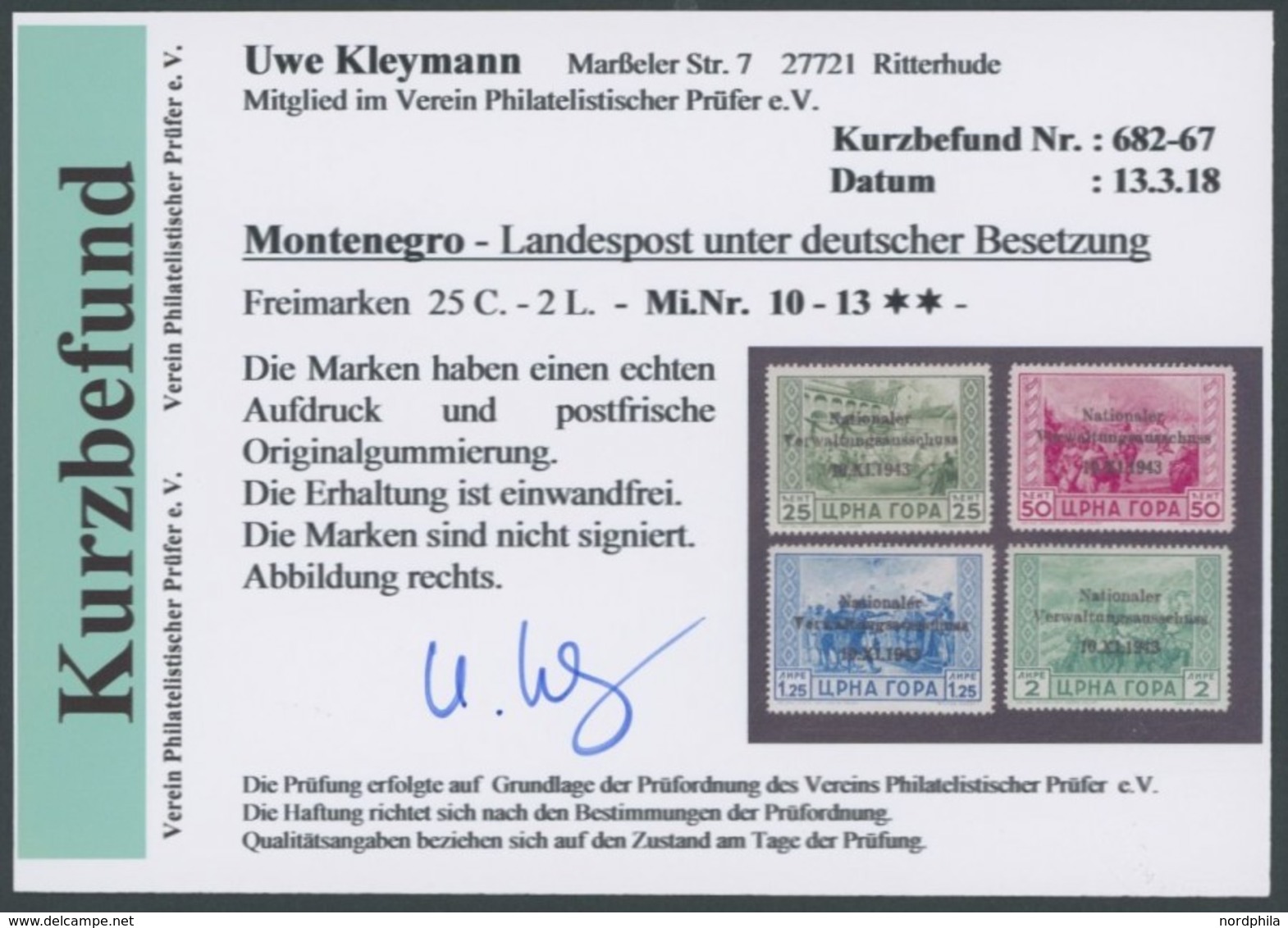 MONTENEGRO 10-13 **, 1943, 25 C. - 2 L. Nationaler Verwaltungsausschuss, 4 Postfrische Prachtwerte, Kurzbefund Kleymann, - German Occ.: Montenegro