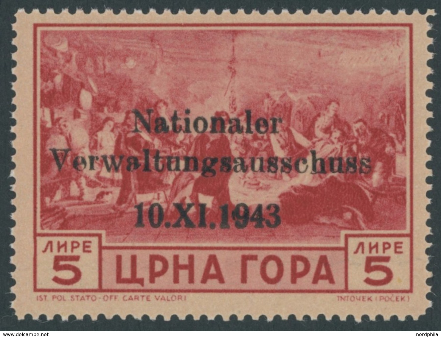 MONTENEGRO 14 **, 1943, 5 L. Nationaler Verwaltungsausschuss, Postfrisch, Pracht, Fotoattest Kleymann, Mi. (650.-) - Occup. Tedesca: Montenegro