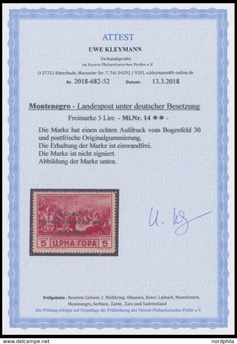 MONTENEGRO 14 **, 1943, 5 L. Nationaler Verwaltungsausschuss, Postfrisch, Pracht, Fotoattest Kleymann, Mi. (650.-) - Occup. Tedesca: Montenegro