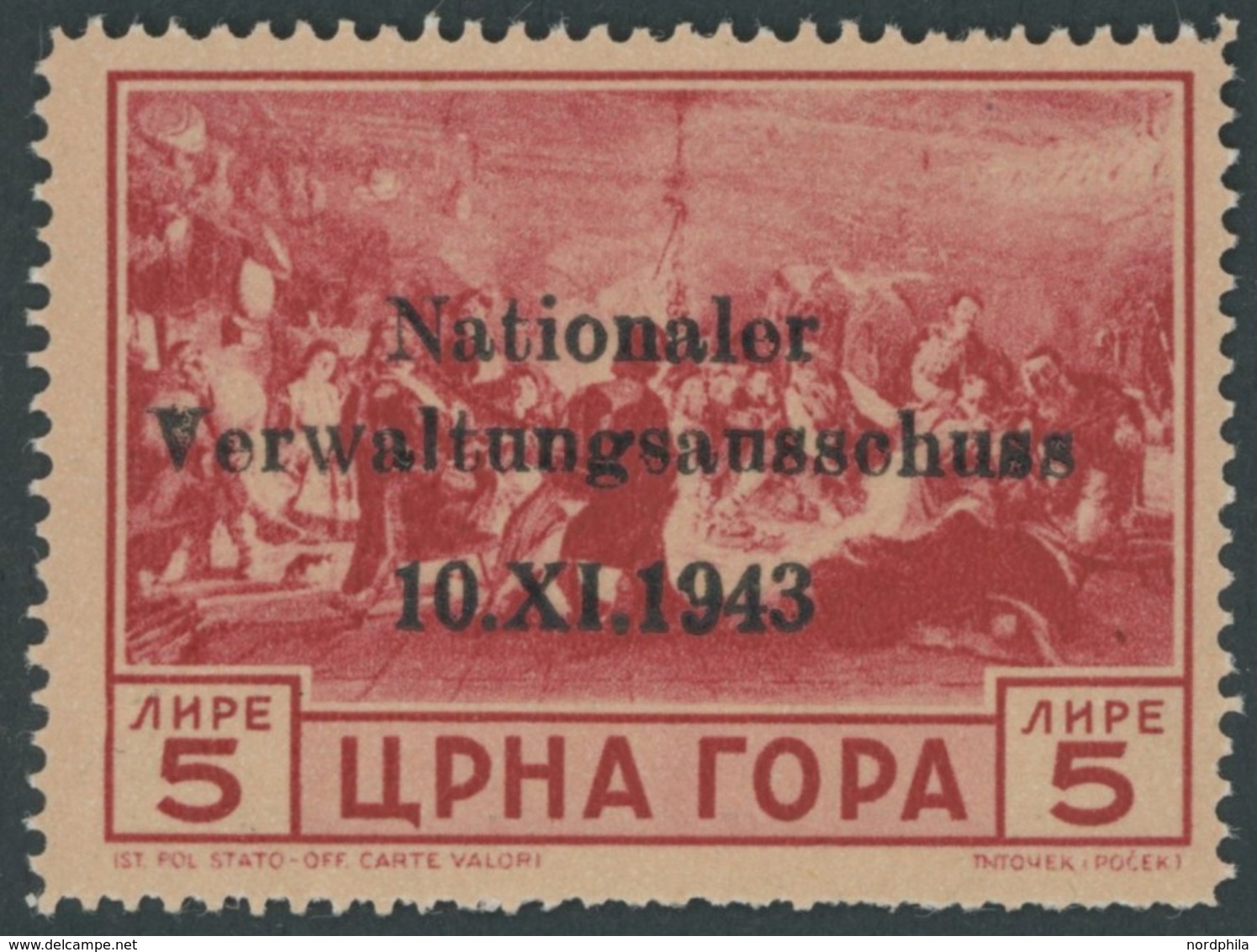 MONTENEGRO 14 **, 1943, 5 L. Nationaler Verwaltungsausschuss, Untere Zahnreihe Teils Stumpf Sonst Postfrisch Pracht, Fot - German Occ.: Montenegro