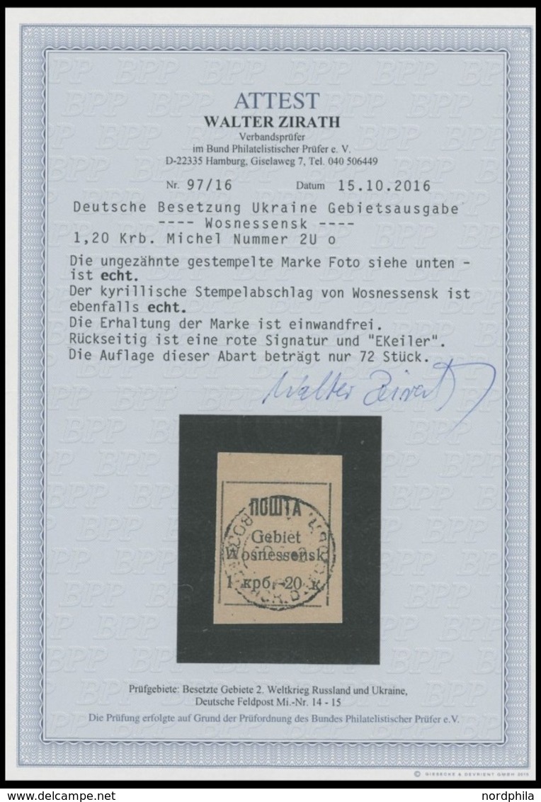 UKRAINE 2U O, 1942, 1.20 Krb. Schwarz, Ungezähnt, Pracht, RR!, Gepr. Keiler Und Fotoattest Zirath, Auflage Nur 72!, Mi.  - Occupation 1938-45