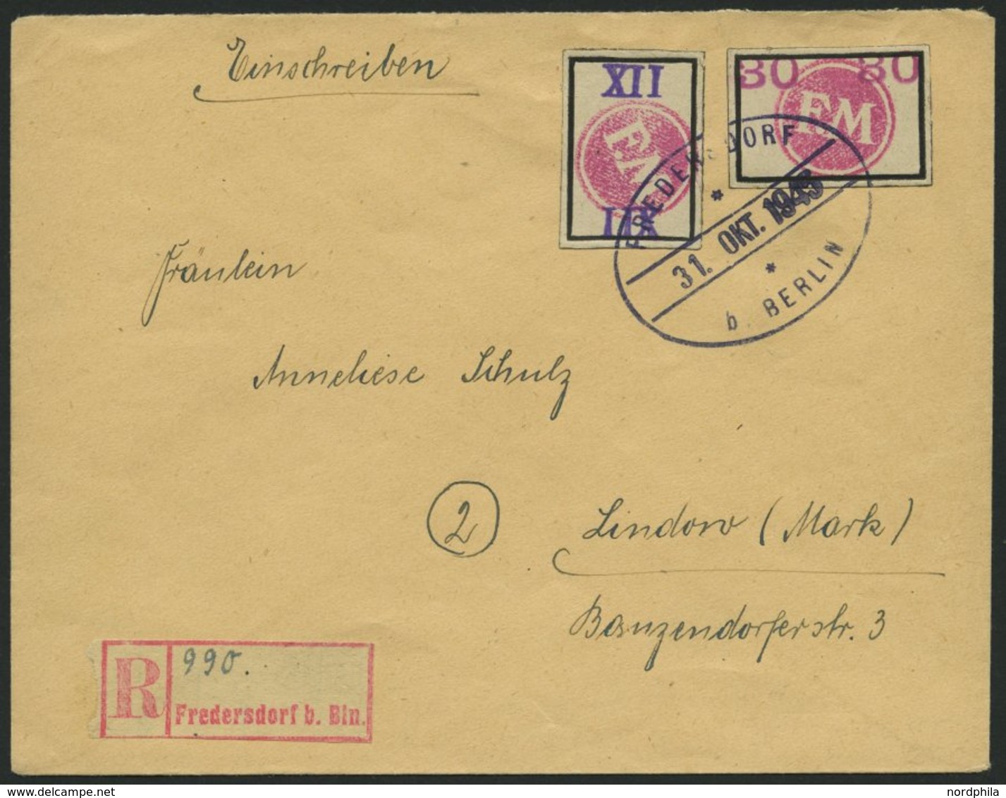 FREDERSDORF Sp 229/30 BRIEF, 1945, 8 Und XII Pf., Rahmengröße 28x19 Mm, Große Wertziffer, Auf Einschreibbrief, Pracht - Private & Local Mails