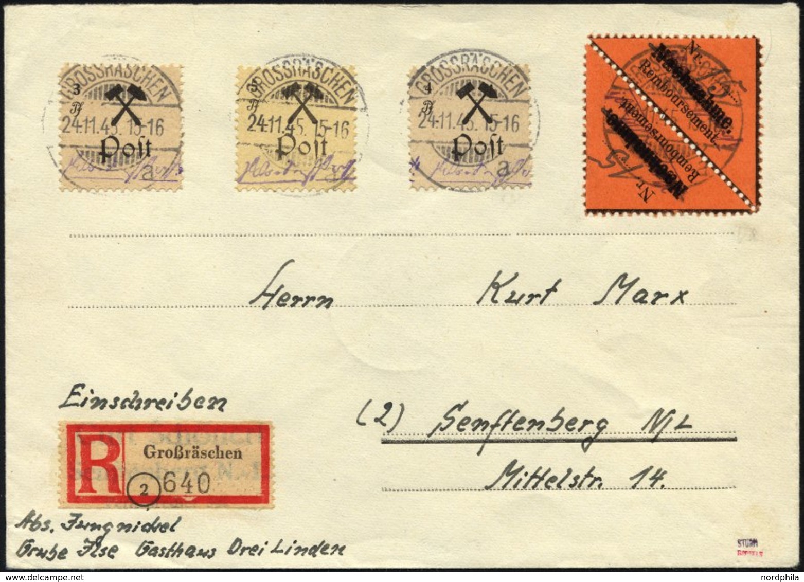 GROSSRÄSCHEN-VORLÄUFER V 2AI Paar BRIEF, 1945, 15 Pf. Schwarz Auf Bräunlichrot, Nachnahme In Antiqua, Im Paar Mit Zusatz - Correos Privados & Locales