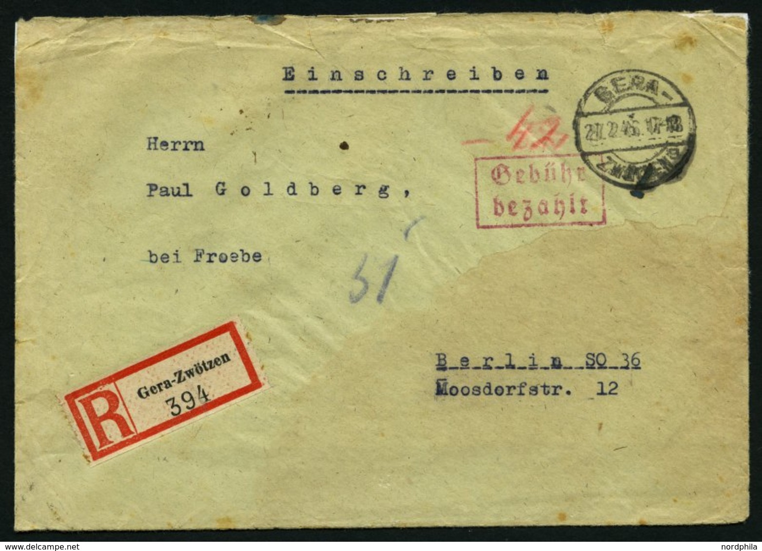 ALL. BES. GEBÜHR BEZAHLT GERA-ZWÖTZEN, 27.2.46, Roter R2 Gebühr Bezahlt, Handschriftlich -.42, Auf Einschreibbrief, Fein - Other & Unclassified