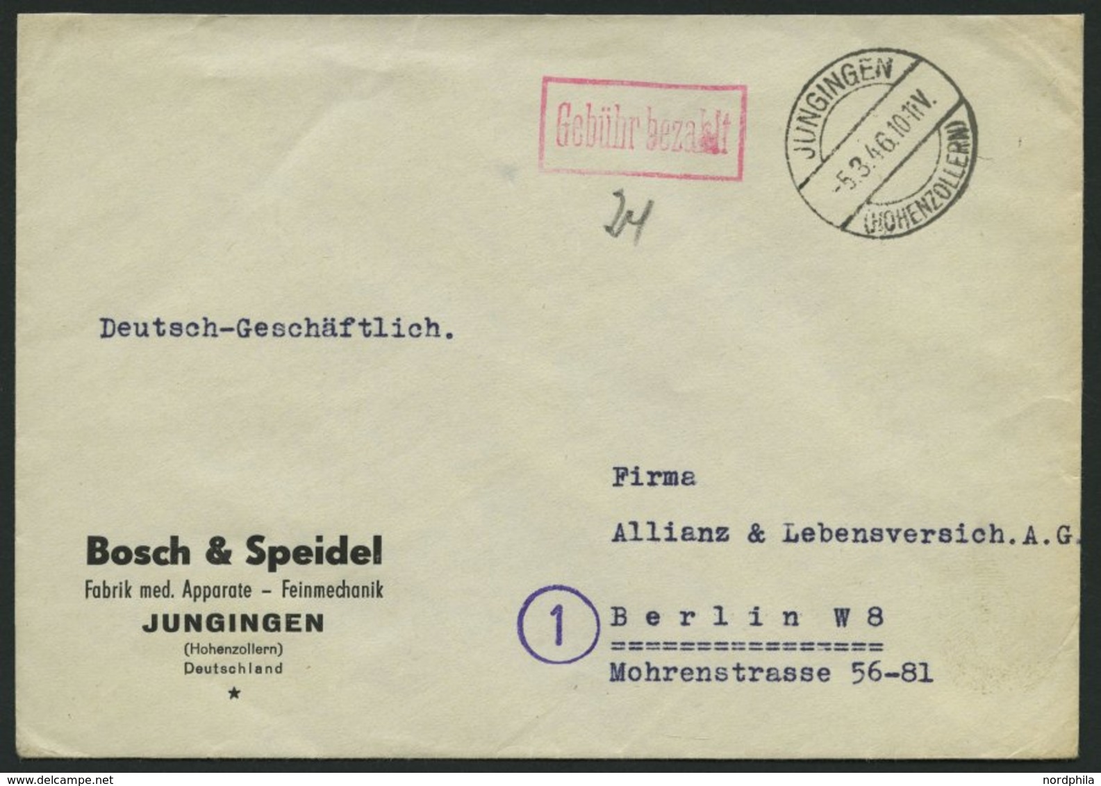 ALL. BES. GEBÜHR BEZAHLT JUNGINGEN (HOHENZOLLERN), 5.3.46, Roter R1 Gebühr Bezahlt, Brief Feinst - Other & Unclassified