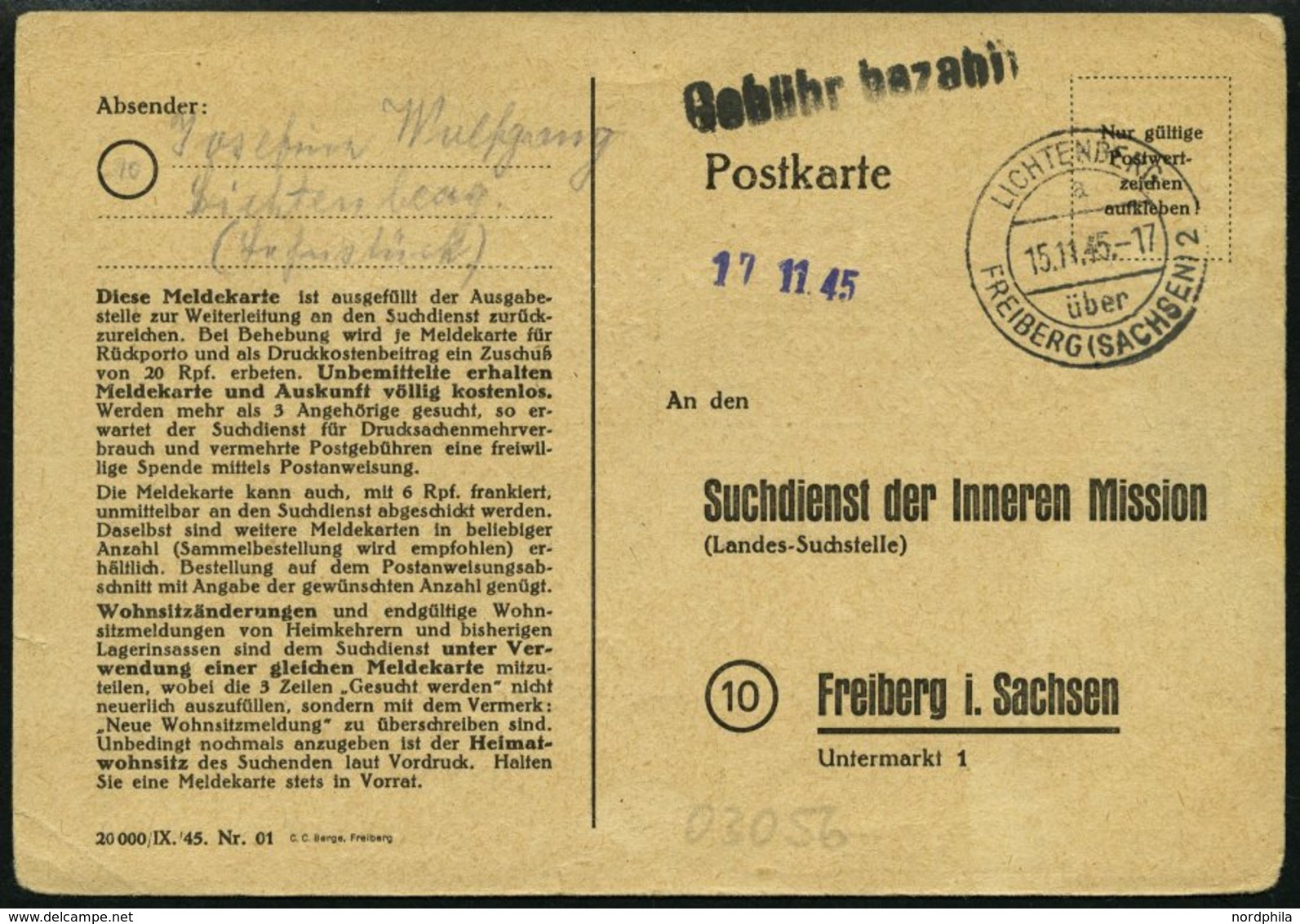 ALL. BES. GEBÜHR BEZAHLT LICHTENBERG FREIBERG (SACHSEN) 2, 15.11.45, L1 Gebühr Bezahlt Auf Suchdienstkarte, Feinst - Otros & Sin Clasificación