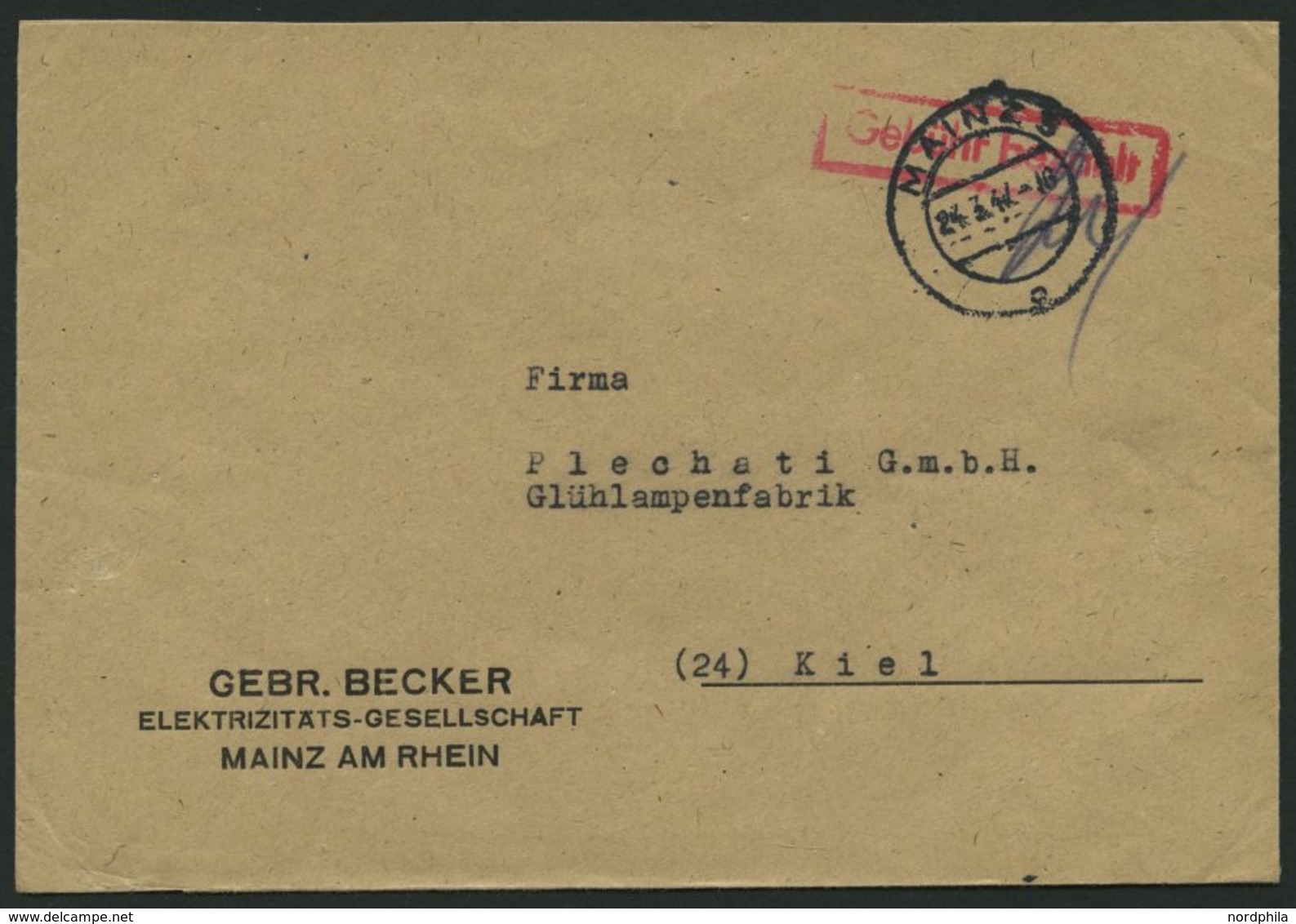 ALL. BES. GEBÜHR BEZAHLT MAINZ 3, 24.3.46, Roter R1 Gebühr Bezahlt, Prachtbrief - Otros & Sin Clasificación