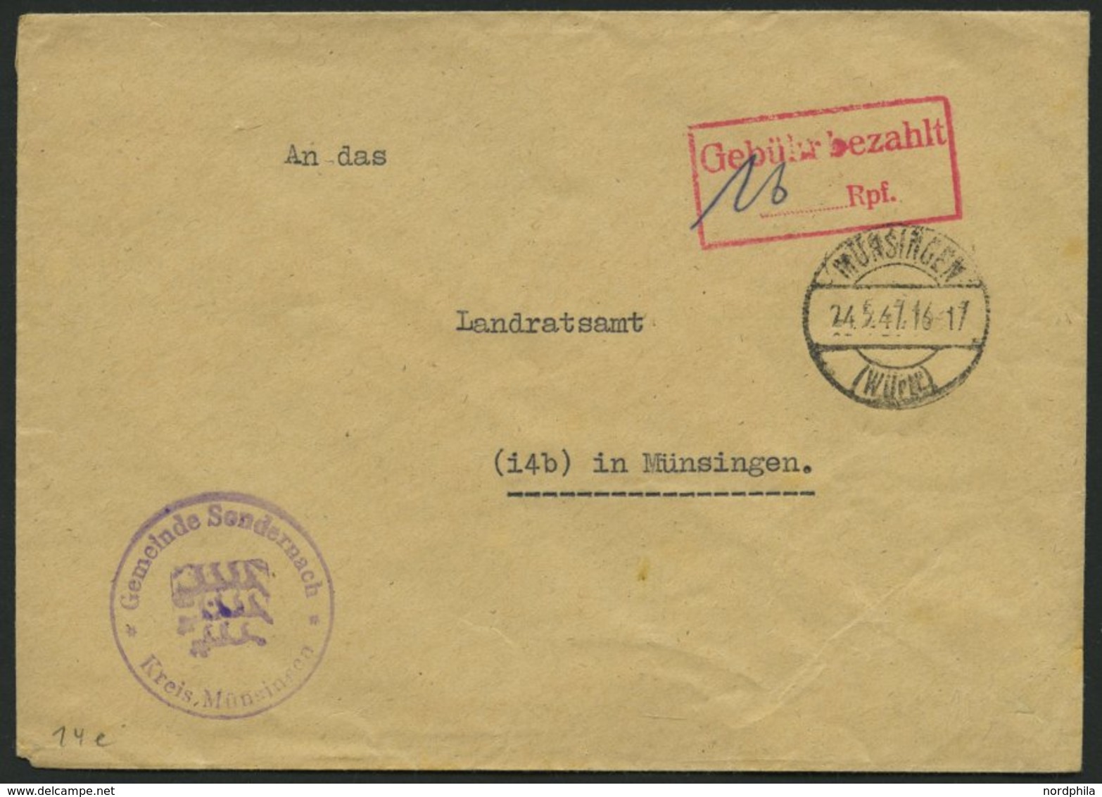 ALL. BES. GEBÜHR BEZAHLT MÜNSINGEN, Roter R2 Gebühr Bezahlt/ Rpf., Handschriftlicher Gebührenvermerk, Behördenbrief, Fei - Otros & Sin Clasificación