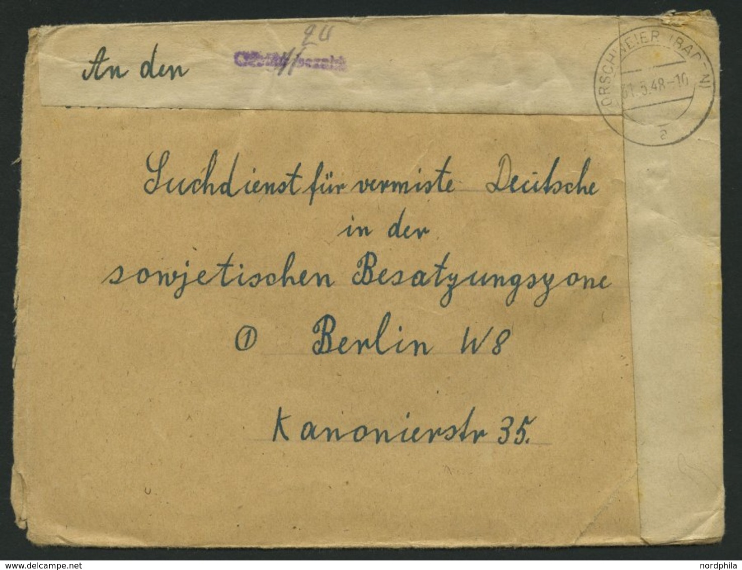 ALL. BES. GEBÜHR BEZAHLT ORSCHWEIER (BADEN), 31.5.48, Kleiner Violetter R1 Gebühr Bezahlt, Handschriftlich 24, Suchdiens - Other & Unclassified