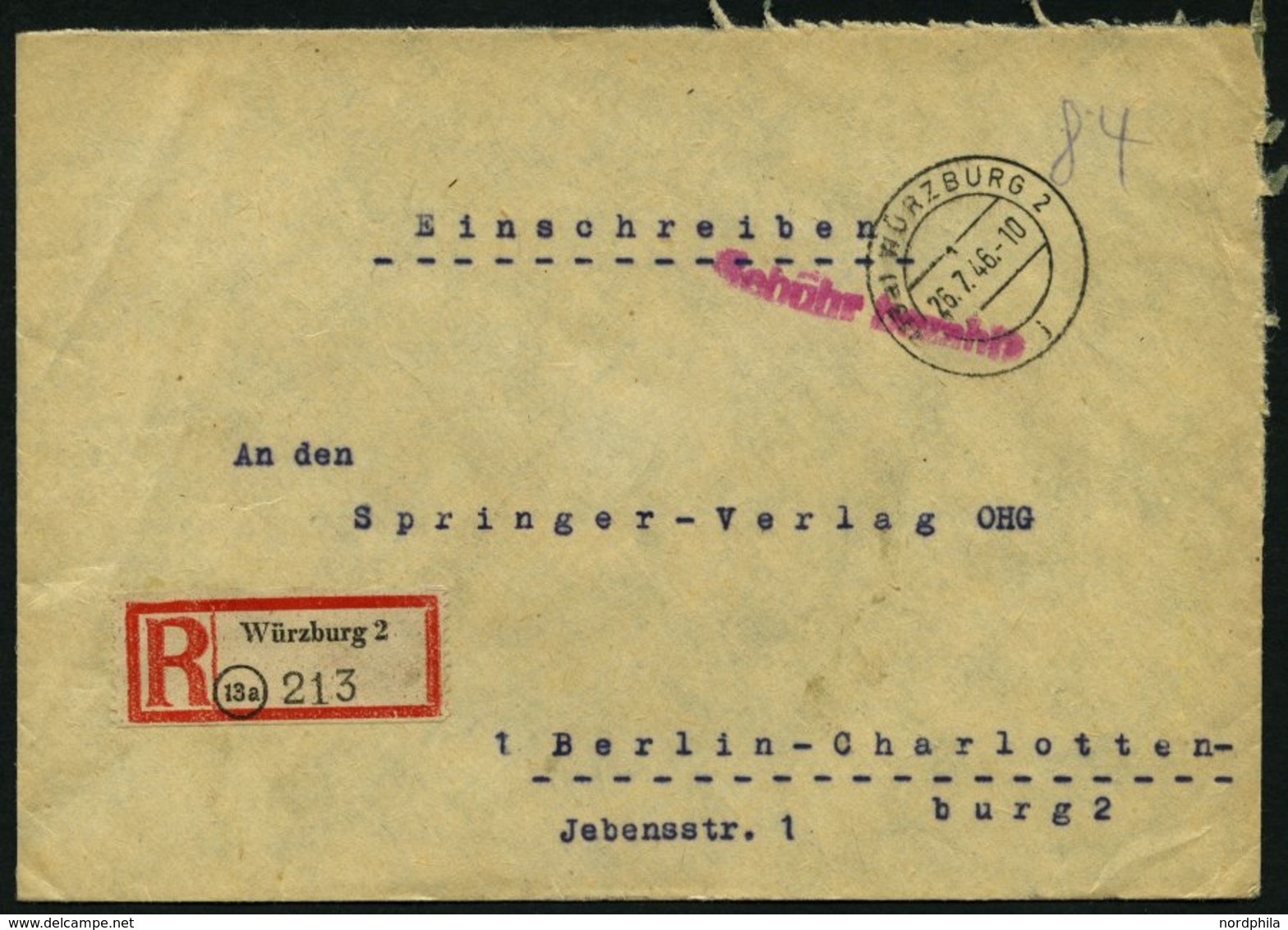 ALL. BES. GEBÜHR BEZAHLT WÜRZBURG 2, 26.7.46, Violetter L 1 Gebühr Bezahlt, L1 Auf Einschreibbrief, Ewas Knittrig Sonst  - Otros & Sin Clasificación