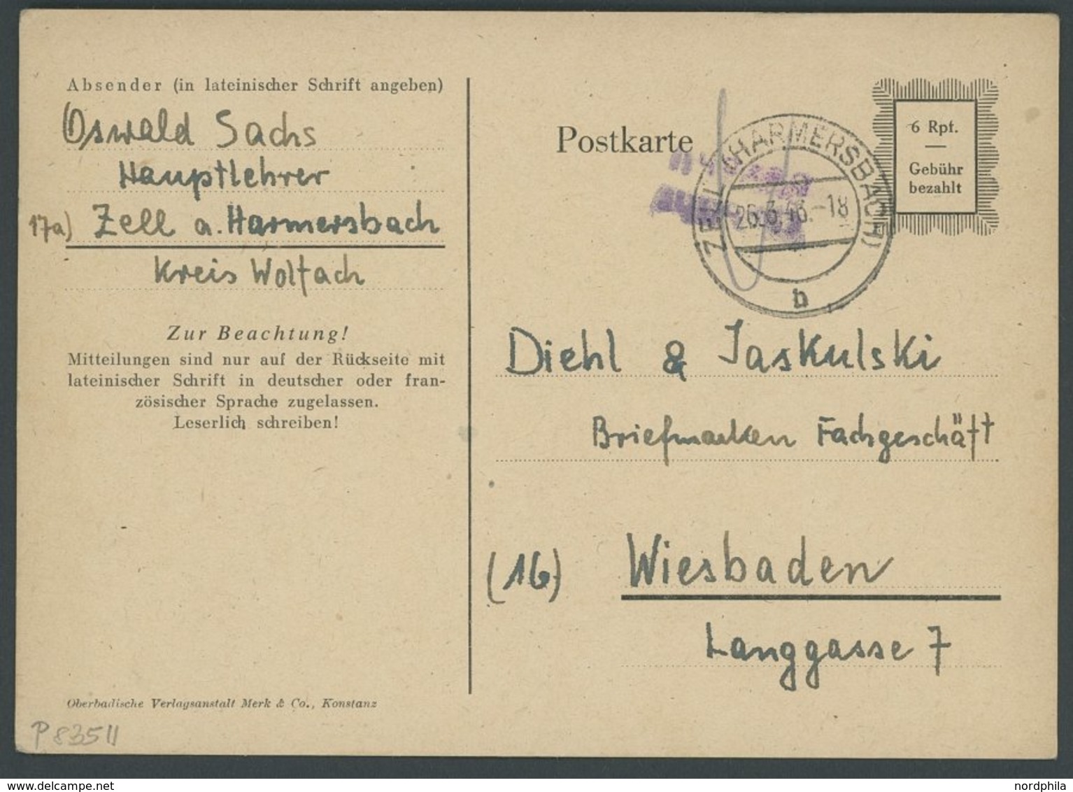 ALL. BES. GEBÜHR BEZAHLT ZELL (HARMERSBACH), 26.3.46, Violetter L2 Gebühr Bezahlt Auf 6 Rpf. Ganzsachenkarte P825II, Pra - Other & Unclassified