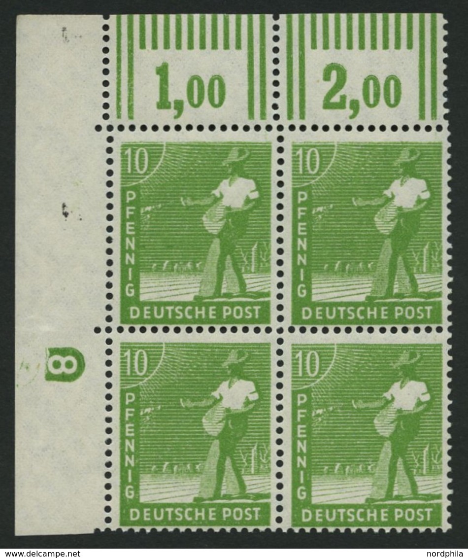 ALLIIERTE BES. 946DZ **, 1947, 10 Pf. Grün Mit Druckereizeichen 8 (negativ) Im Oberen Linken Eckrandviererblock, Pracht - Other & Unclassified