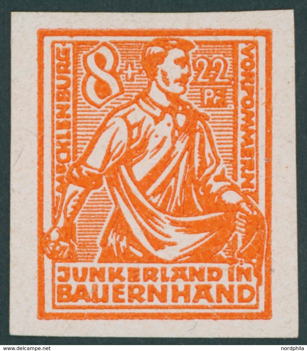 MECKLENBURG-VORPOMMERN 24PIU *, 1945, Probedruck: 8 Pf. Lebhaftorange, Gestrichenes Papier, Ungezähnt, Falzrest, Pracht - Other & Unclassified