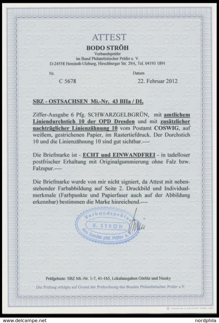 OST-SACHSEN 43BII/DIa **, 1945, 6 Pf. Schwarzgelbgrün Mit Durchstich 10 Und Zusätzlicher Linienzähnung 10 Coswig, Postfr - Otros & Sin Clasificación