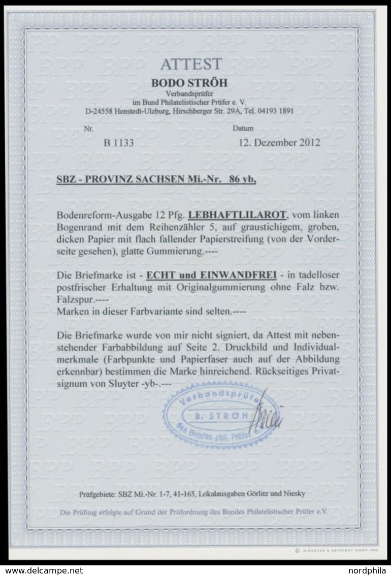 PROVINZ SACHSEN 86yb **, 1945, 12 Pf. Lebhaftlilarot Fallende Papierstreifung, Linkes Randstück Mit Reihenzähler 5, Post - Other & Unclassified