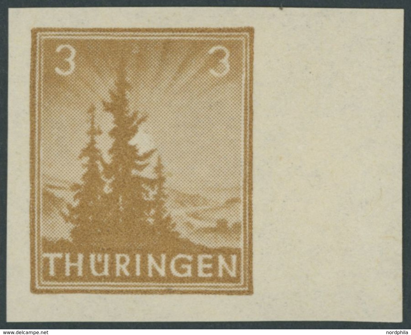 THÜRINGEN 92V3 **, 1946, Versuchsdruck: 3 Pf. Dunkelbraunocker, Rechtes Randstück, Pracht, Mi. (250.-) - Other & Unclassified