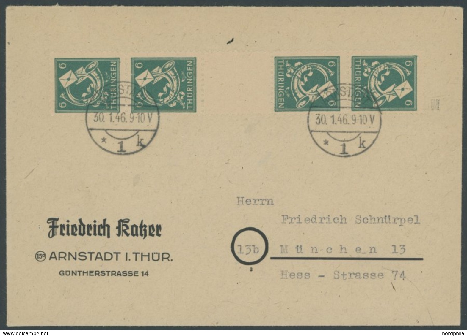 THÜRINGEN 95A SKZ BRIEF, 1945, 6 Pf. Dunkelgrün Im Senkrechten Viererstreifen Mit Kehrdruckpaar Mit Zwischensteg Auf Bri - Otros & Sin Clasificación