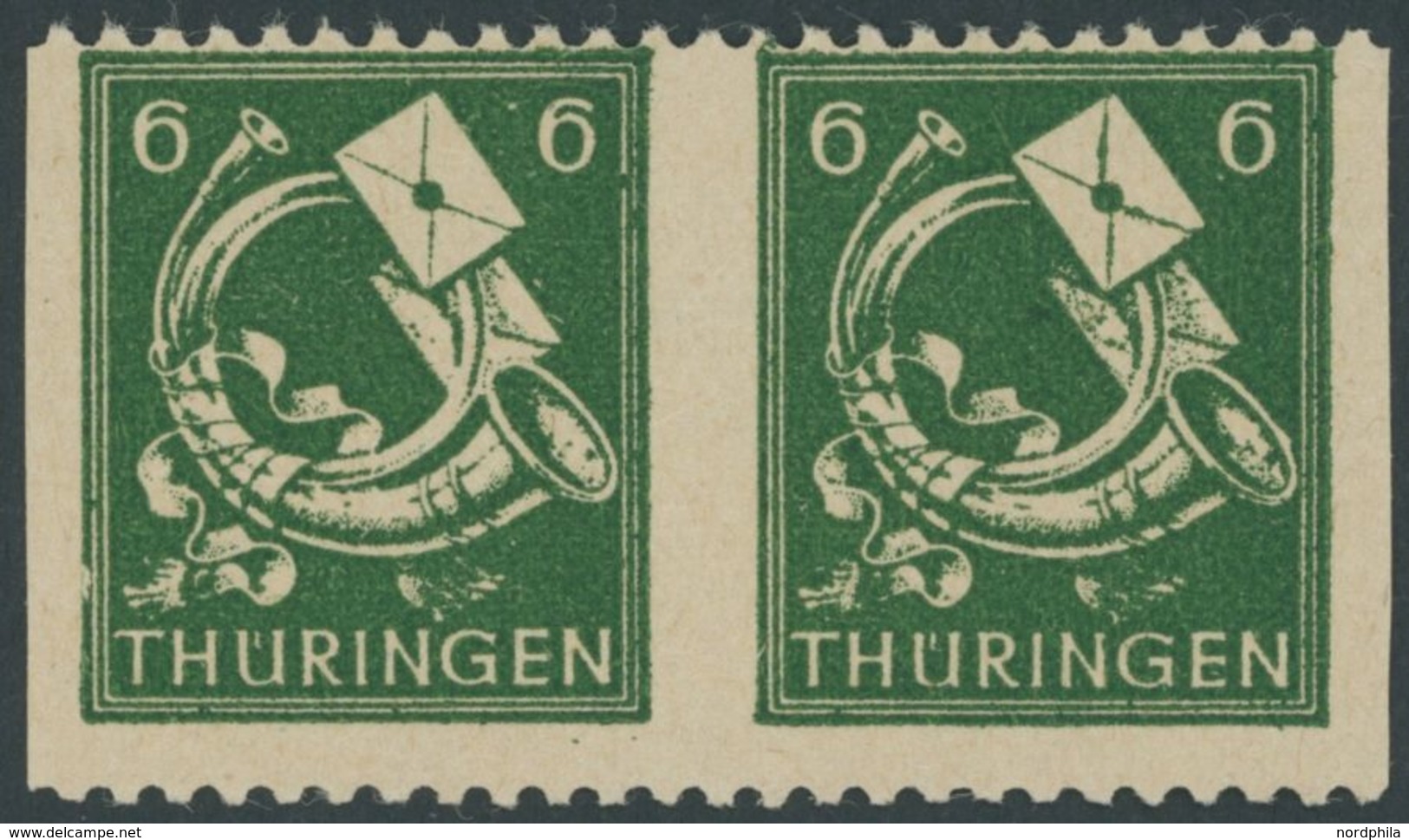 THÜRINGEN 95AXatUs Paar *, 1945, 6 Pf. Dunkelgrün, Vollgummierung, Gelblichgraues Papier, Im Waagerechten Paar, Senkrech - Other & Unclassified