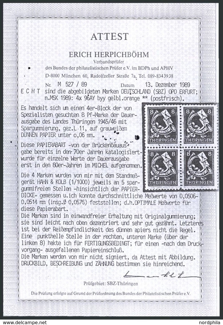 THÜRINGEN 96AYyy **, 1945, 8 Pf. Rotorange, Spargummierung, Dünnes Papier, Pracht, Attestkopie Herpichböhm, Mi. 100.- - Other & Unclassified