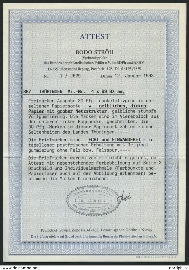 THÜRINGEN 99BXaw **, 1945, 30 Pf. Olivgrau, Ungezähnt, Vollgummierung, Dickes Papier, Untere Linke Bogenecke, Pracht, At - Other & Unclassified